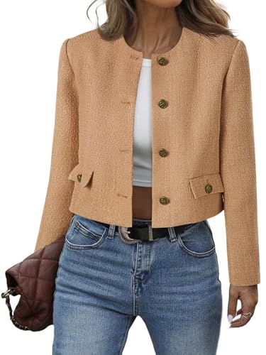 Cicy Bell Womens Cropped Tweed Blazer Collarless Button Down Bomber