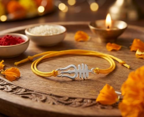 Image of Parnika 925 Pure 92.5 Sterling Silver Om Trishul Tripund Rakhi Bracelet for Brother | Hallmarked Silver Rakhi for Bhai & Bhaiya | Raksha Bandhan Gift with Roli Chawal | Premium Thread Rakhi