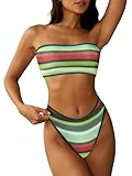 ZAFUL Women Strapless Bandeau Bikini Color Block 2 Piece Swimwear Cheeky Lace up High Cut Bathing Suits 0-Green,M