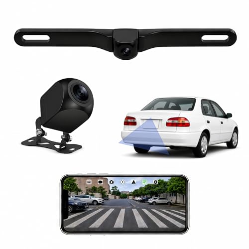 Wireless Backup Camera 1080P 2.4GHz WiFi No Monitor Needed License Plate Camera 170 Wide Angle IP68 Waterproof Night Vision Front Rear View for iPhone Android Sedan SUV MPV Van Pickup