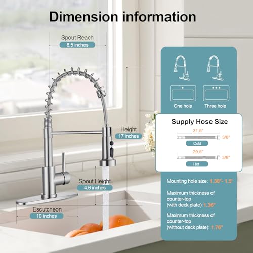 Image of Kitchen Faucets with Pull Down Sprayer, Brushed Nickel Stainless Steel Single Handle Pull Out Spring Sink Faucet, 3 Function Sprayer 1 or 3 Hole Deck Plate for Farmhouse Laundry Rv Bar