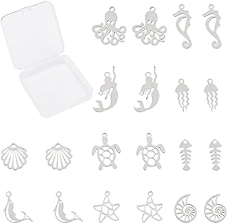 SUNNYCLUE 1 Box 10 Styles Seaside Ocean Beach Charms Mixed Stainless Steel Marine Animal Fish Sea Creatures Seashell Turtl...