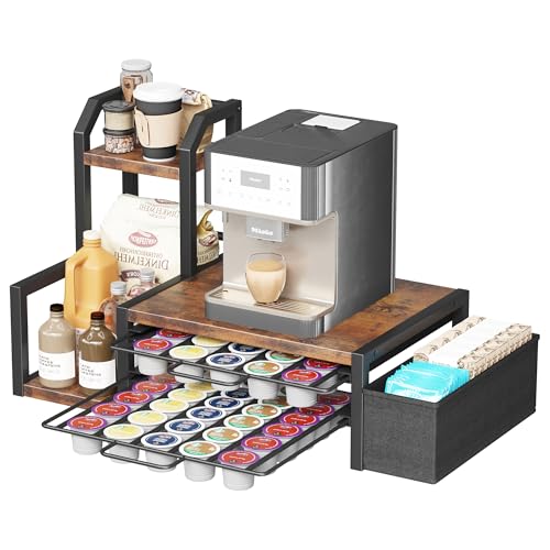 Image of Homeiju K Cup Organizer for Countertop,Holds 60 K-Cups & 10 Syrup Bottles | Coffee Station Organizer with Coffee Pod Holder, Pull-Out Drawer with Anti-Slide Lock, Side Basket & Syrup Rack, Rustic Brown