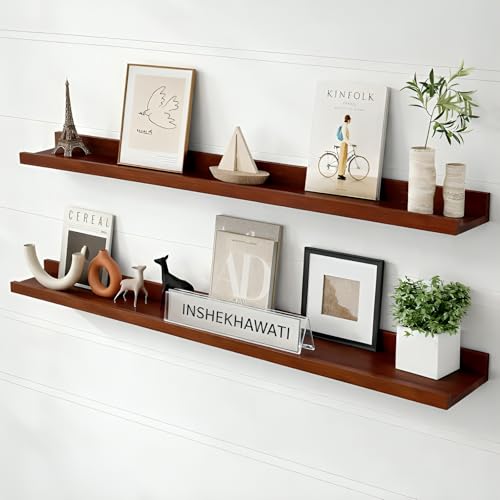Image of Solid Wood Floating Wall Shelf | Premium Wall Mounted Wooden Shelf for Living Room, Bedroom & Office | Modern Minimalist Decor Shelf | 46 Inch | Teak Finish