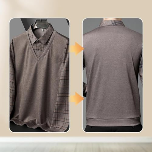 Men's Striped Lapel Fake Two-Piece Shirt, Men's Faux Two Piece Lapel Long-Sleeve Tops, Shirt for Men,Polo Shirts4