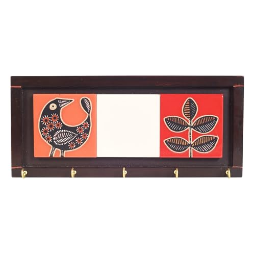 Image of AAKRITI ART CREATIONS Key Holder, Pichhwai Handcrafted Tiles Key Holder Panel | Rustic Ceramic & Wood Wall Organizer with 5 Hooks | Storage Shelf for Keys, Hats | Multifunctional Entryway Decor.