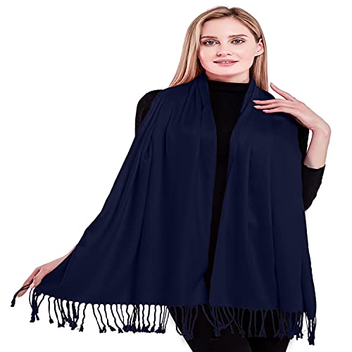 CJ Apparel Navy Blue Dark Blue Solid Color Tassels Design Nepalese Shawl Seconds Scarf Wrap Stole Throw Head Wrap Pashmina Hand Made in Nepal New
