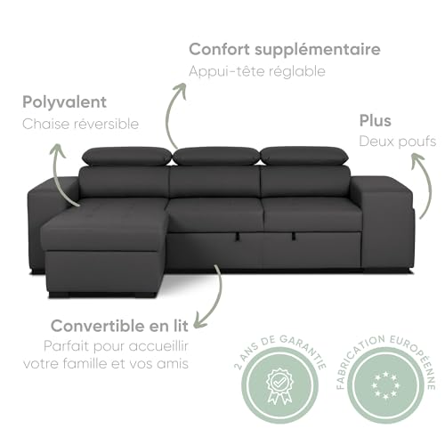 BUDWING John Canapé-Lit d’Angle 4 Places – Chaise Longue Réversible, Têtières Réglables et 2 Poufs – Revêtement en Polyuréthane – Style Moderne – 263x161x96 cm – Noir – Image 4