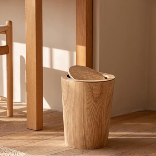 Caneca de basura redonda de madera con tapa miniatura 7