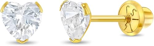 14k Yellow Gold 5mm Tiny Heart Cubic Zirconia Screw Back Earrings for Baby Girls, Toddlers, and Young Girls - Simulated Birthstone CZ Heart Stud