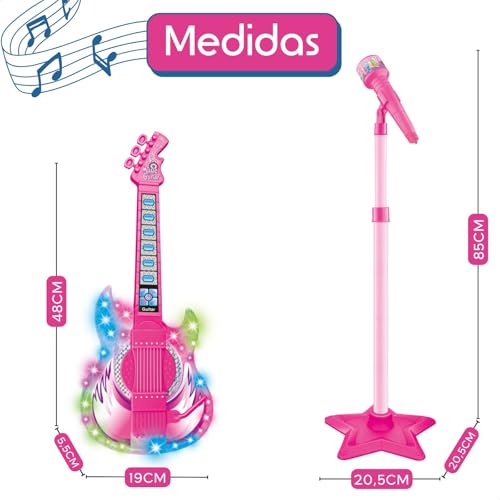 Guitarra e Microfone Infantil Instrumento Brinquedo Musical com Luz e Som Pedestal Karaokê Conecta C