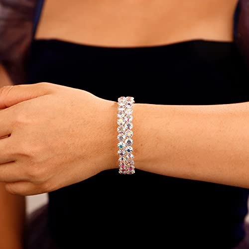 Xerling Full Crystal Iridescent Rhinestones Bracelets for Women Silver Layered Hand Chain Bracelets Bridal Wedding Hand Jewelry (AB Crystal-2 Row)2