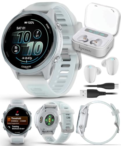 Image of Garmin Forerunner 570 42mm Advanced GPS Running & Triathlon Smartwatch AMOLED Display Training & Recovery Cloud Blue Aluminum w /Translucent Whitestone /Cloud Blue Band w /Wearable4U White EarBuds Bundle