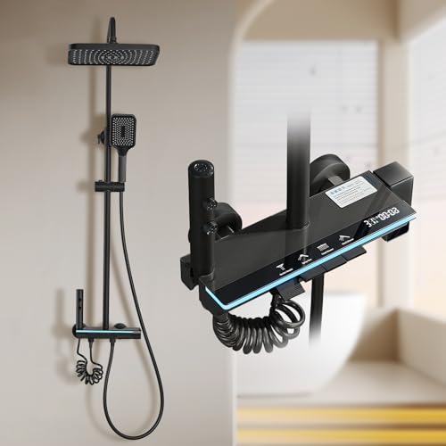 STANEW Columna Ducha de Titanio Negro Con Cabezal Cuadrado,Columna Ducha de 4 Chorros,Pantalla LED,Ducha de Mano con 3 Modos,Altura ajustable