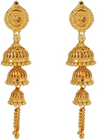 Sparkle World Indian Gold Plated Ethnic 3 Layer Base Metal Golden Jhumki Earrings for Women