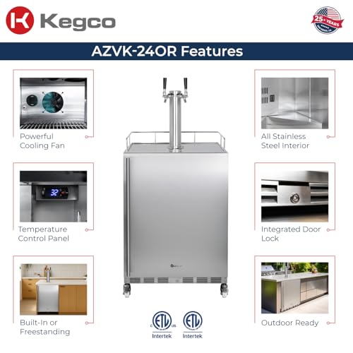 Image of Kegco 24 inch Wide Outdoor Build-In Dual Tap Stainless Steel Right Hinge Kegerator with Dispense Kit