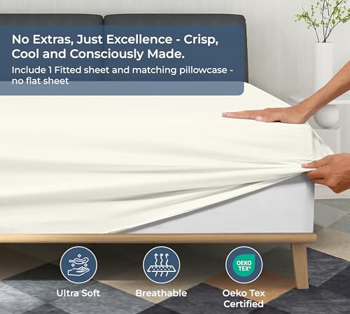 Image of Royale Linens Fitted Sheet With Pillowcase - Twin Fitted Sheets With 1 Pillowcase - 300 Thread Count 100% Organic Cotton - Fit Mattress Up to 18 inch Deep - Ultra Soft & Breathable - Ivory (No Flat Sheet)