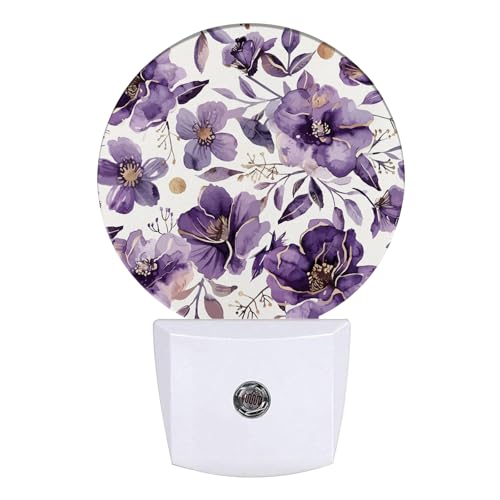Image of Purple Flower Night Light Watercolor Floral Night Lights LED Lamp Round Plug into Wall Nightlight with Dusk to Dawn Sensor Home Hallway Stairway Kitchen Decor