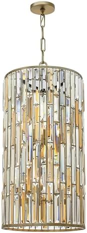Hinkley Fredrick Ramond Gemma Large Six Light Drum Pendant, Amber Pearl and Clear Crystal Rectangular Prisms, Contemporary, Silver Leaf Finish