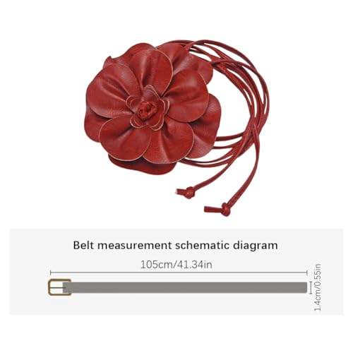 Women Girls Flower Waist Chain/Rope/Belt For Wedding Dress Female Waistband Skinny Belt Floral PU Leather Belt, Deep Red3