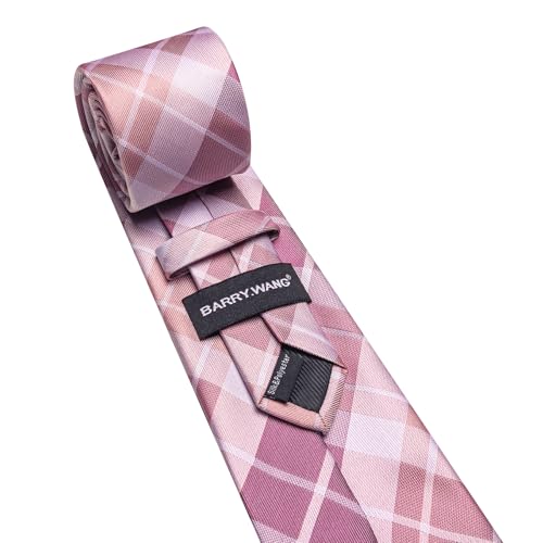 Image of Barry.Wang Plaid Ties Check Mens Necktie Set with Handkerchief Cufflinks Classic Stripe