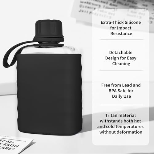 IDIDG Small Flask Cantimplora pequeña moderna con funda de silicona, botella portátil de viaje transparente de plástico Tritan sin BPA, 8.2 oz, color negro miniatura 2