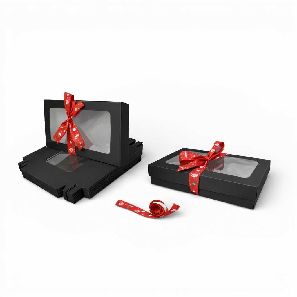 Emartbuy Pack of 96 Black Gift Boxes with Clear Window Lid & Red Hat Satin Ribbon - Large Wide 29.5 x 22 x 4.5 cm - Recyclable Kraft Presentation Box for Hampers, Treats, Weddings & Favours