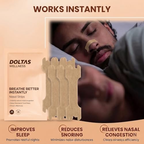 Image of DOLTAS Nasal Strips for Better Breathing & Snoring Relief | Instantly Relieves Nasal Congestion | Improve Oxygen Intake | Strong Hold, Sweat-Resistant & Skin Safe | Enhances Sleep & Athletic Performance | 10 Patches (Beige)