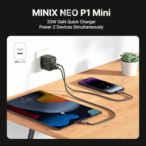 Image of MINIX P1 Mini 30W USB C Charger, 33W PPS 2-Port GaN Charger 1 USB-C Port, 1 USB-A Port with Foldable Plug, Compatible with iPhone 8-15 /16 Series, Galaxy S10-S23, Pad and More