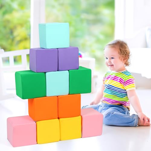 Foam Blocks for Toddlers, 12 PCS Soft Building Blocks for Kids, Large Foam Cubes Colourful Stacking Block Sets - Throw & Play Toys with Washable Cover(Pink, Light Blue, Yellow, Orange, Green, Purple) - image 6