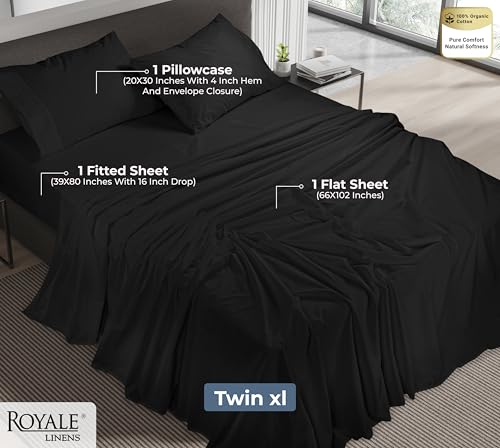 Image of ROYALE LINENS 100% Organic Cotton Twin XL Sheet Set - Percale Weave - 3 Pieces Set - 1 Flat, 1 Deep Pocket Fitted Sheet and 1 Pillowcases - Black Bed Sheets - Sabanas Twin XL - Crisp Cool (Black)
