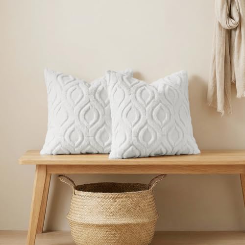 Image of decorUhome Fall Throw Pillow Covers 22x22 Inch Set of 2, Soft Plush Faux Wool White Solid Couch Pillow Covers, Accent Euro Sham Farmhouse Neutral Square Pillow Cases for Sofa Bed Living Room