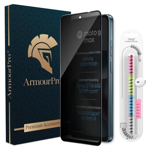 Image of ArmourPro Privacy Tempered Glass for Motorola G Max, Anti Spy Anti Peeping Screen Protector, Edge-to-Edge Full Coverage, 9H Hardness with Cable Protector | Black