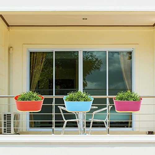 ecofynd 12 Inches Balcony Railing Planter, Hanging Flower Pots for Grills, Home Gardening Outdoor Oval Rectangular Metal Plant Pots, Pack of 6 (Multicolor)