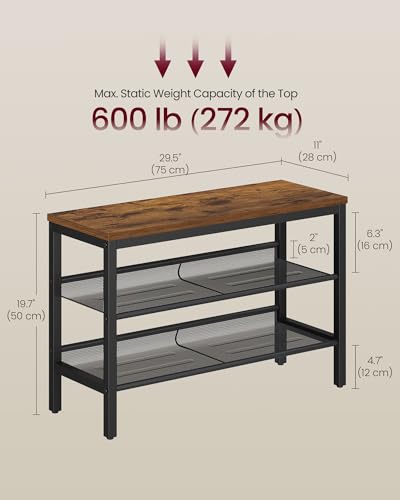 Image of VASAGLE 3 Tier Shoe Rack Bench, One Piece Shelves, Shoe Storage Organizer with Raised Edges, Industrial Style, Easy Assembly, 11 x 29.5 x 19.7 Inches, Rustic Brown and Matte Black ULSB070KD01S