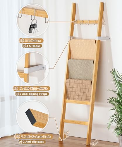 Yorbay Handtuchleiter Bambus, 6 Sprossen, Kleiderleiter mit 2 Sturzsicherheitsriemen und 4 Haken, Handtuchhalter Leiter für Dekoratives Badezimmer, Leiter Deko HxB 170 x 43 cm (Bambus)