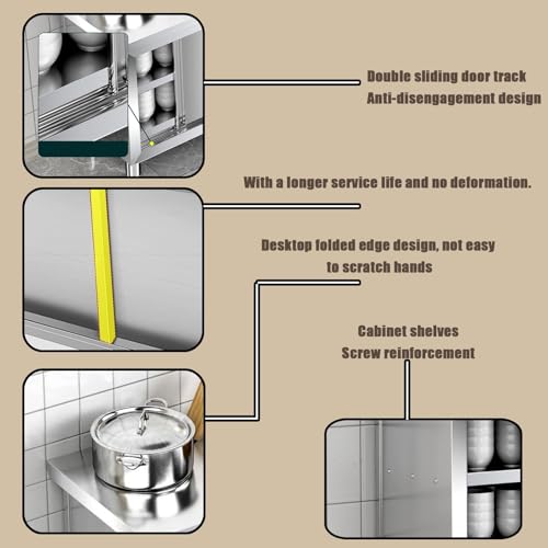 Banco da lavoro rimovibile a doppia porta scorrevole in acciaio inox, 80 cm, resistente, con ripiani portaoggetti, capacità di carico 50 kg, facile da montare, ideale per uso domestico e ristorante