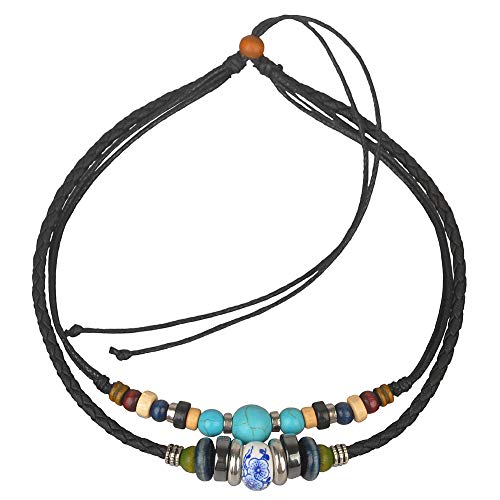 Ancient Tribe - Collier Ras-du-Cou Double Cordon – Cuir Tressé Noir et Corde avec Perle Turquoise, Perles Métalliques et en Bois – 37 cm Réglable,...