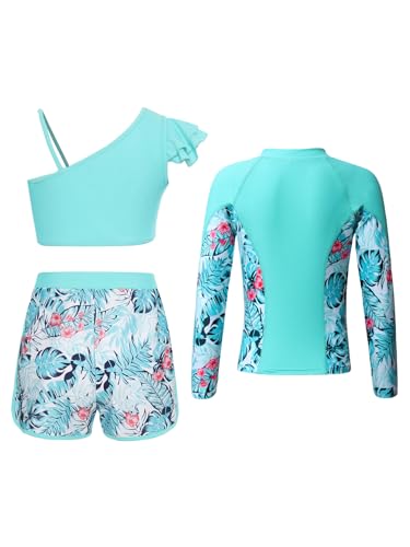Choomomo Girls Three Pieces Rash Guard Swimsuit Long Sleeves Zip-up Swim Top with Tankini Tops and Swim Shorts Set Swimwear2
