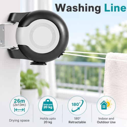 Image of HASTHIP Dual Retractable Clothesline 49 ft Indoor Outdoor Laundry Line | ABS material, retractable clothesline, built in locking design, for balcony indoor outdoor laundry use