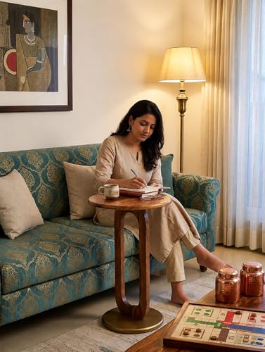 Image of REDWOOD Sheesham Wood End Table | Round Sofa Side Table for Living Room, Bedroom & Lounge | Modern Accent Furniture with Open Pedestal Base | Compact Space Saving Utility Stand | Brown & Golden