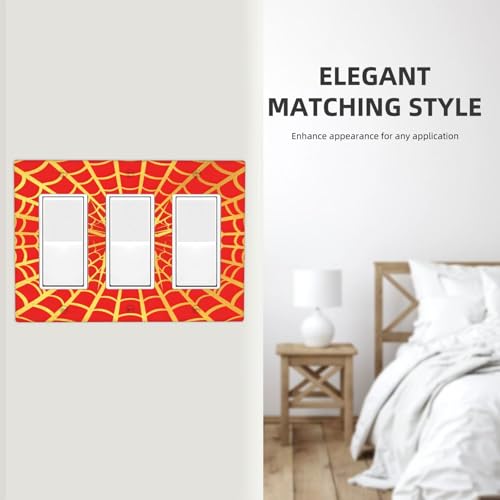Decorative Outlet Covers Red Background with Golden Spiderweb Spider 3 Gang Outlet Cover Wall Plate Triple Rocker Light Switch Cover Plate Switch Plate Covers for Bedroom Decor