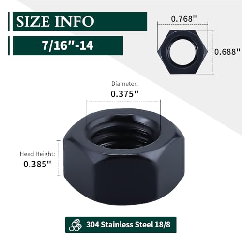 Image of 7 /16 inch-14 Black Hex Nuts, 304 Stainless Steel 18-8, Hexagon Head Nuts for Home Automotive DIY User, Black Coated Finish, Hex Drive, 10 PCS