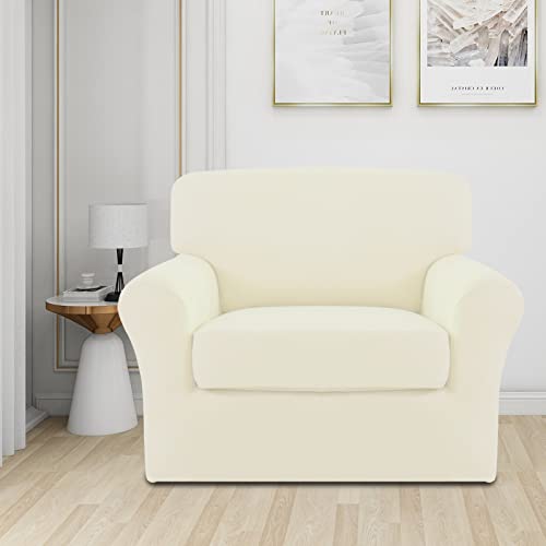 Image of Easy-Going 2 Pieces Stretch Sofa Slipcover for Armchair Washable | Spandex Soft Fitted Sofa Couch Cover for Living Room Washable Furniture Protector with Bottom Kids Pet Ivory