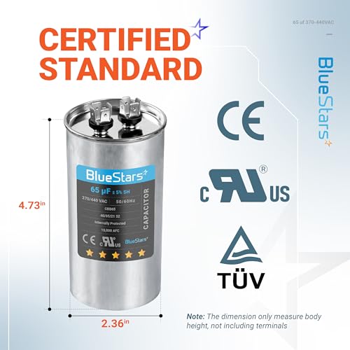 65 uF/MFD 370-440VAC Round Run Start Capacitor CBB65 Replacement Part by Blue Stars - Exact Fit for AC Motor Run or Fan Start and Cool or Heat Pump Air Conditioner