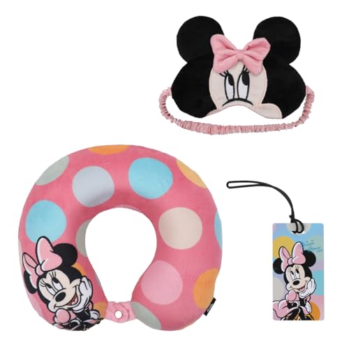 Image of Bioworld Minnie Mouse Kids Travel Set with Neck Pillow Eye Mask and Luggage Tag - Disney Magic on the Go!