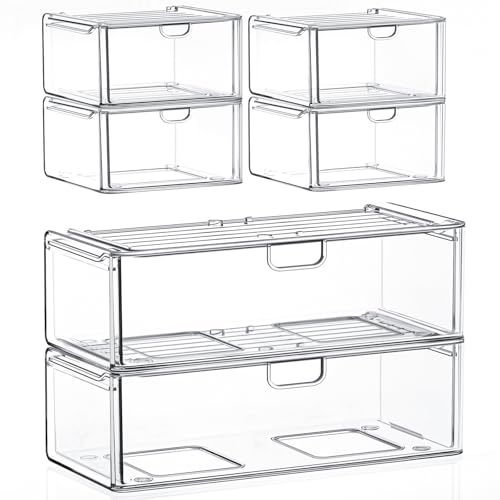 Image of caktraie Acrylic Stackable Storage Drawers Set of 6, Clear Plastic Storage Drawer Organzier, Storage Organizer, Makeup Organizer,Ideal for Vanity, Bathroom,Cabinet,Pantry Organization