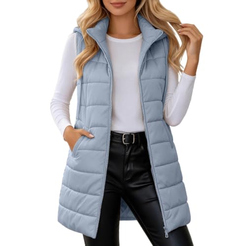 GOSEAGOTOFUN Long Puffer Vest Women Zip Up Hooded Vest Lightweight Sleeveless Puffer Jackets Winter Casual Warm Outerwear Silver Small - image 2