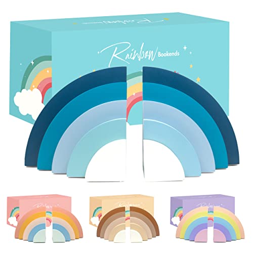 Decorably Mono Blue Rainbow Bookends for Kids - 1 Set...