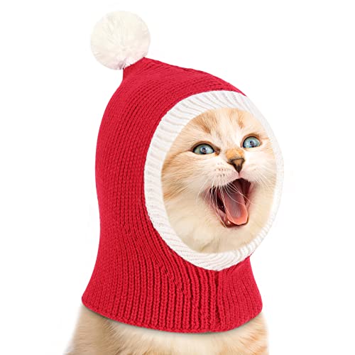 VavoPaw Christmas Dog Hat, Dog Knitted Caps with Pompon Red Crocheted Snood Xmas Costume Gift, Pet Warm Winter Caps Cute Accessory, Puppy Neck Ear Headwear Warmer for Extra Small Dogs, Red